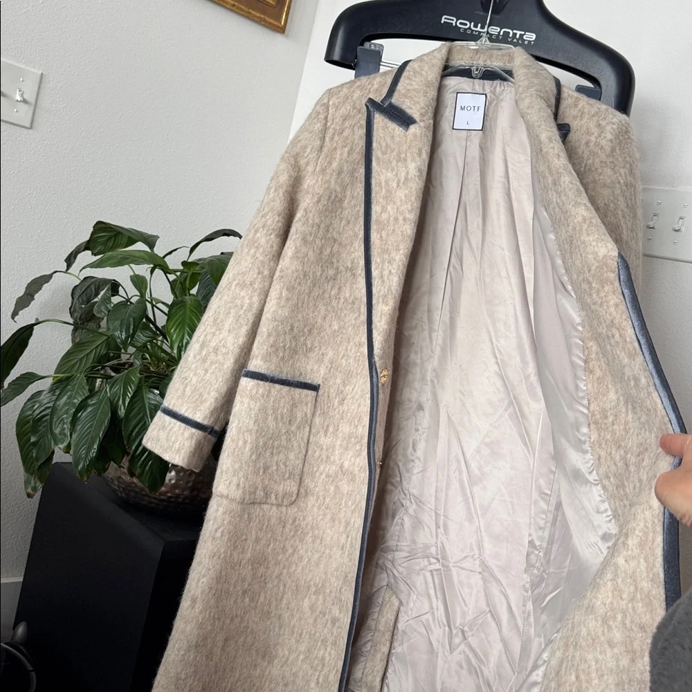 Motf Wool Blend Beige Ivory Long Duster Coat/Jacket Sz L Blue Velvet Trim - Picture 8 of 14